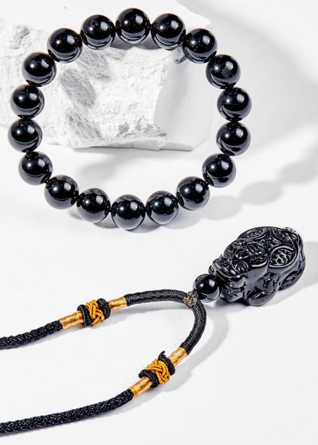 Mặt Dây Chuyền Phong Thủy Đá Obsidian Long Qui Mệnh Thủy, Mộc Ngọc Quý Gemstones