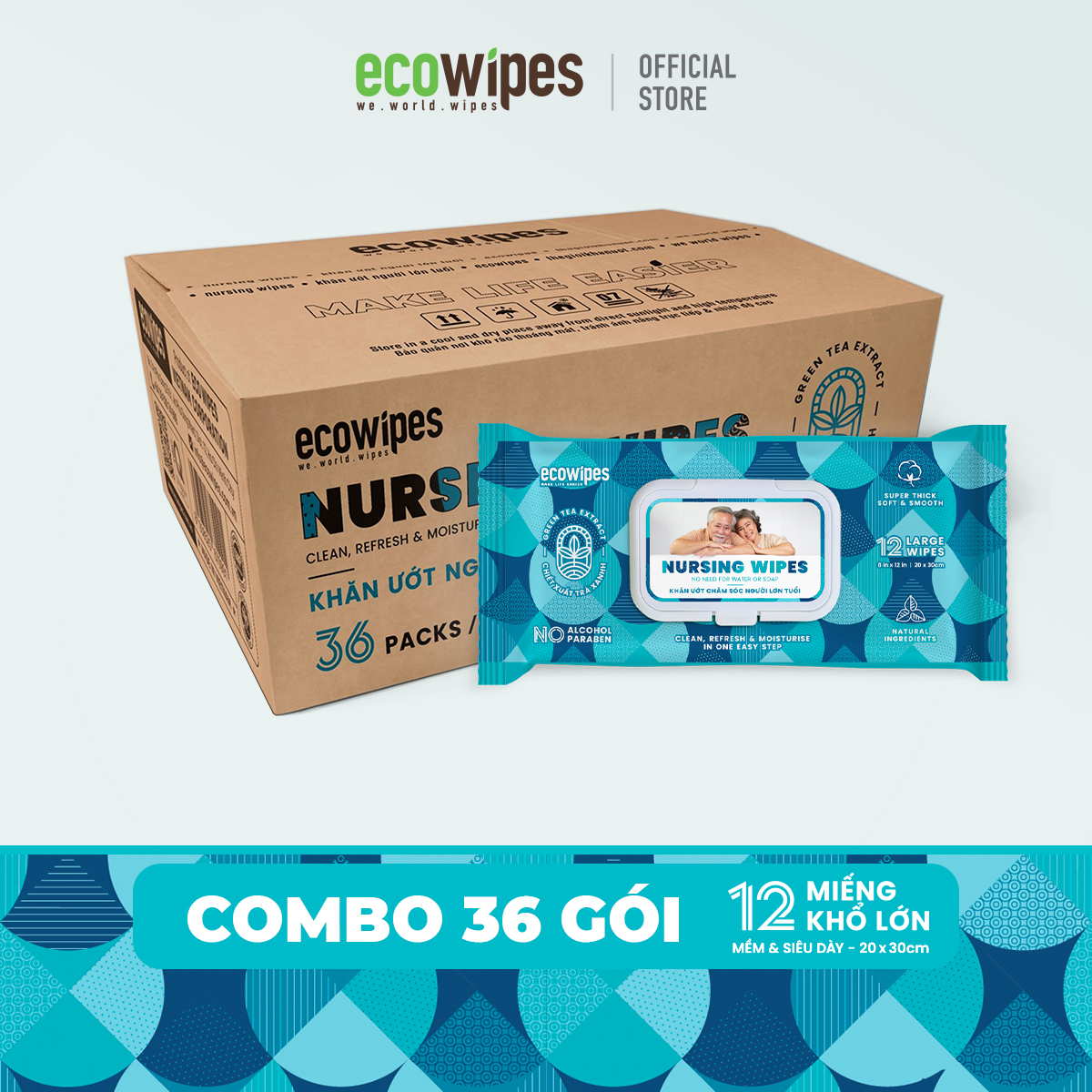 Thùng 36 khăn giấy ướt vệ sinh cơ thể NursingWipes gói 12 khăn size lớn 30x20cm hương trà xanh lau người lớn tuổi, người bệnh, người đi phượt dùng 1 lần