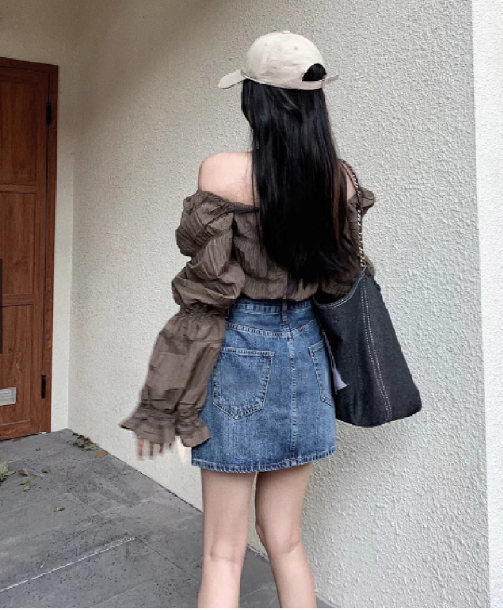 Chân váy jean ngắn chữ a có quần trong NB Fashion phối túi và dây rút cách điệu