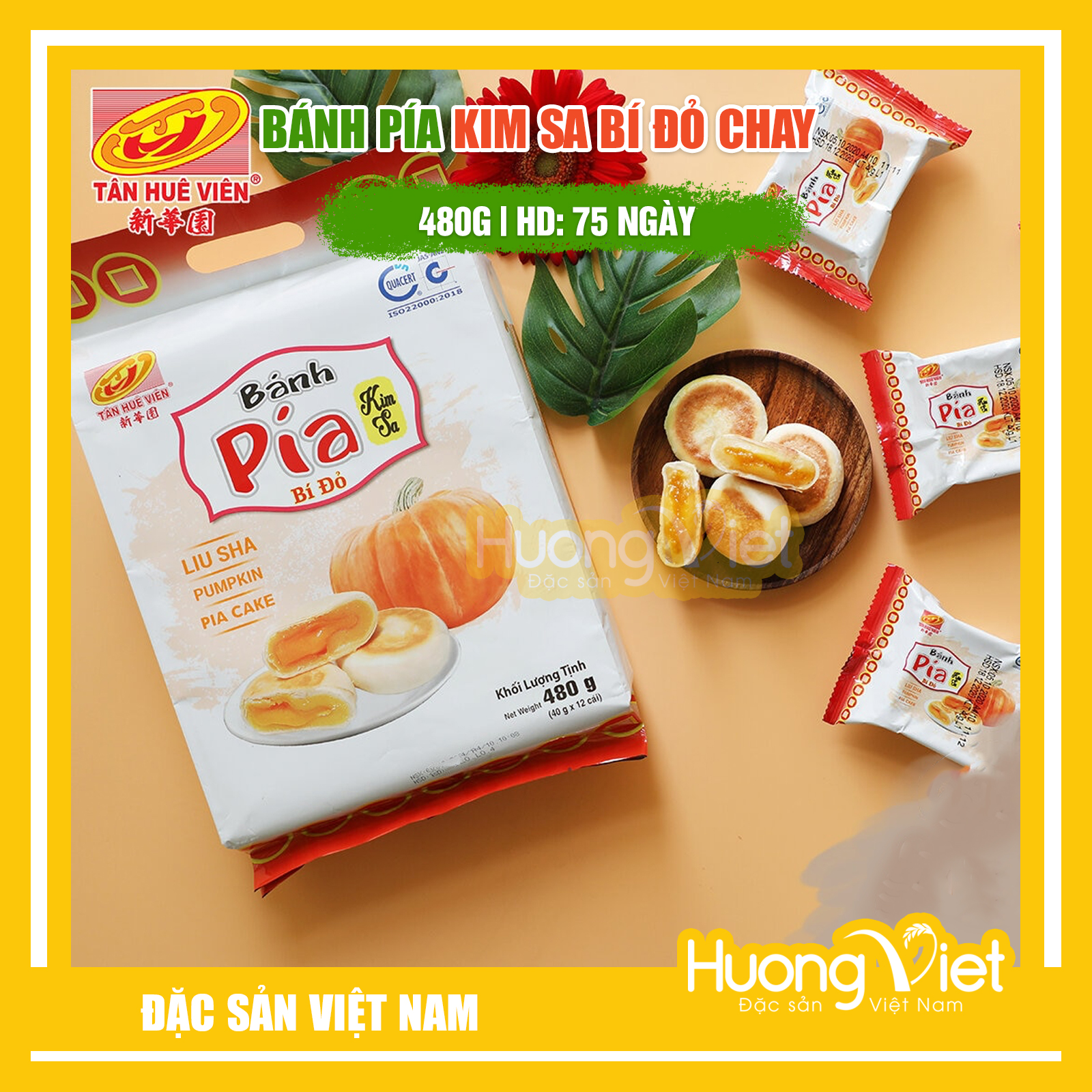 Bánh pía kim sa bí đỏ tan chảy 480g, bánh pía kim sa chay không trứng muối