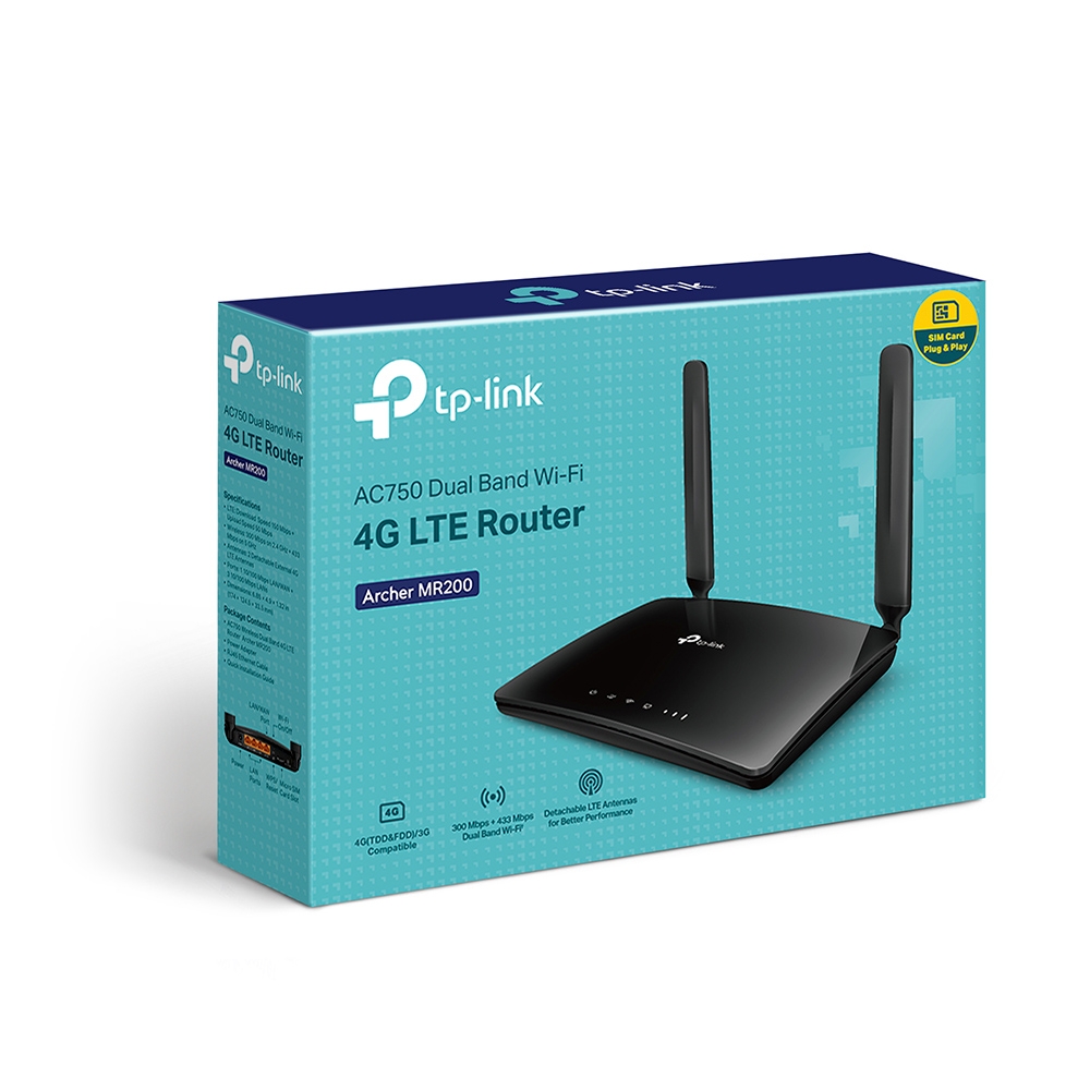 Bộ phát wifi 4G TP-Link Archer MR200 (AC750Mbps/ Chuẩn AC/ 2 Ăng-ten ngoài/ Sim 4G/ 35 User) - Hàng chính hãng FPT phân phối