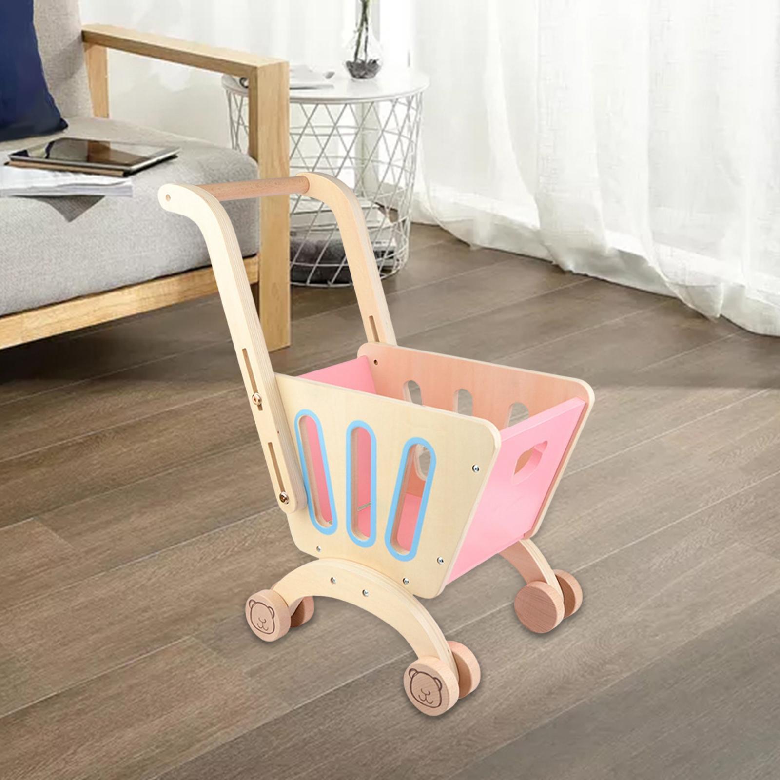 Wooden Children Shopping Cart Toy Supermarket Cart Gift for Boy and Girl Pink