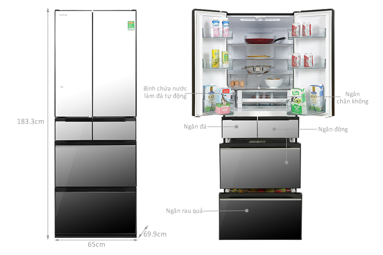 Tủ lạnh Hitachi 6 cửa Inverter 520 Lít R-HW530NV - Hàng chính hãng