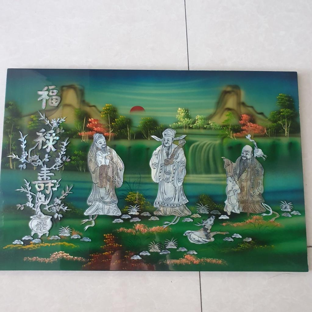 Tranh sơn mài Phúc Lộc Thọ cẩn ốc hàng xuất khẩu 40x60 cm trang trí nhà cửa, quà tặng tân gia, chúc Thọ ý nghĩa