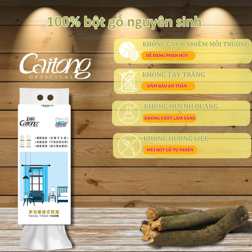 Khăn giấy 5 lớp dạng rút treo tường cao cấp Caitong 1580 Tờ 1 Túi mầu trắng cam, siêu dai mềm mịn