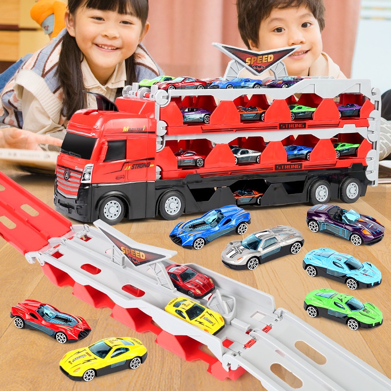 Ô tô đồ chơi xe tải 3 tầng kèm xe đua nhỏ mô hình đường đua xe dài 2m có thể gấp gọn cho bé, quà tặng sinh nhật