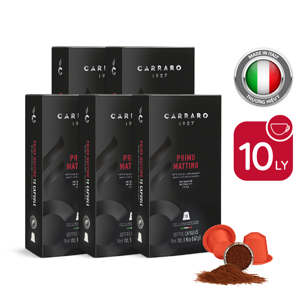 Combo 5 hộp cà phê viên nén Carraro Primo Mattino - Tương thích với máy capsule Nespresso