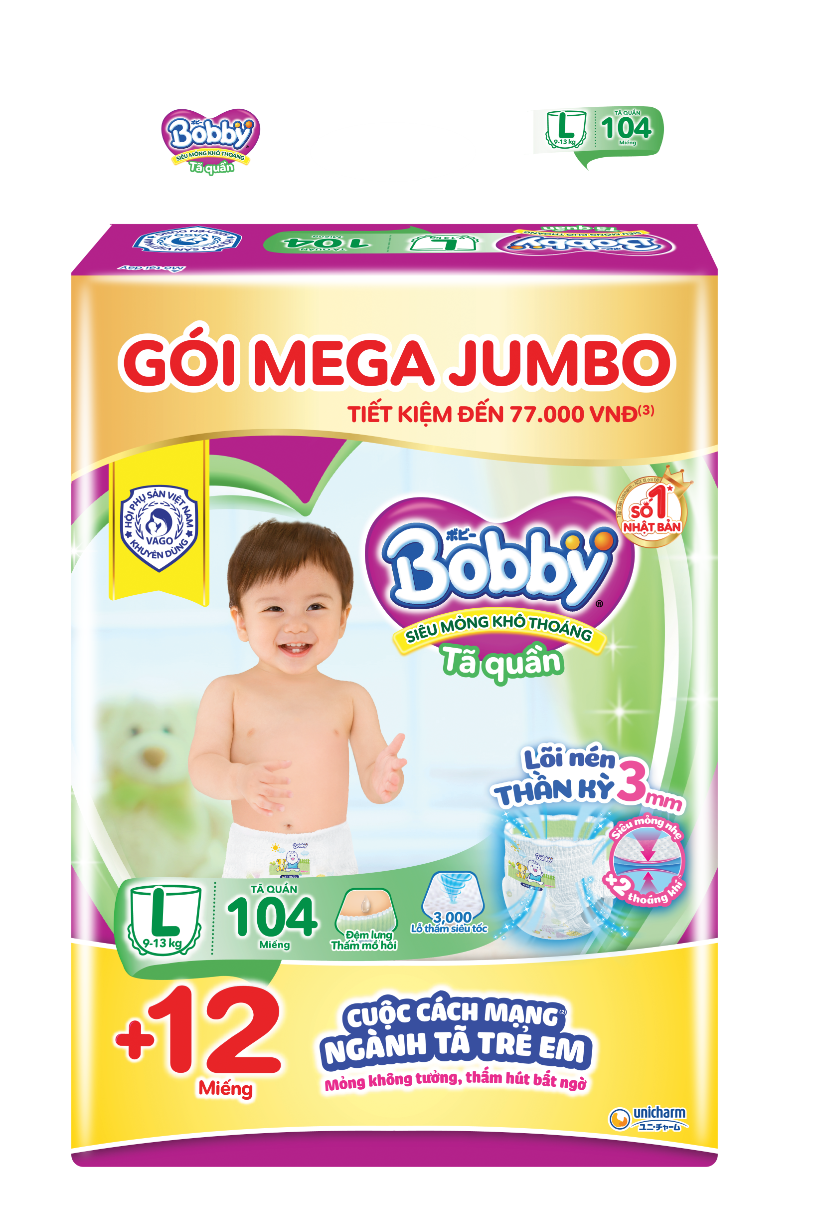 [Tặng 12 Miếng Thêm] Tã/Bỉm Quần Bobby Siêu Mỏng – Khô Thoáng Mega Jumbo L104 - Lõi Nén Thần Kỳ 3mm (9 - 13 kg)