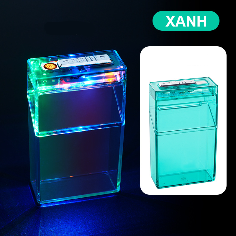 Bật Lửa Điện Kiêm Hộp Đựng Thuốc 20 Điếu Trong Suốt Nhiều Màu Có Đèn - Sạc Điện