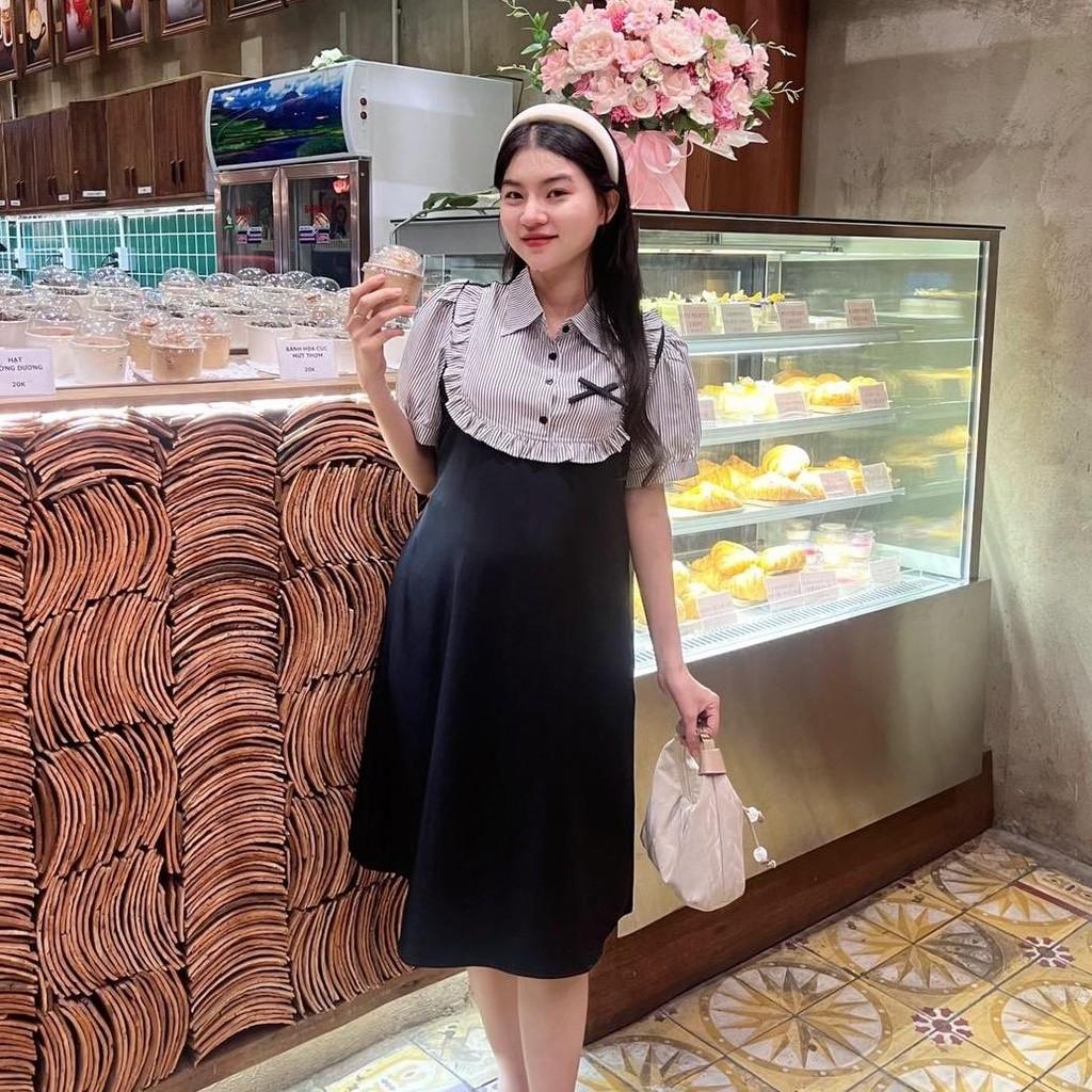 Đầm bầu giả yếm sọc sơ mi cotton hàn phom suông trẻ trung, năng động Váy Bầu Voi - Xanh đen