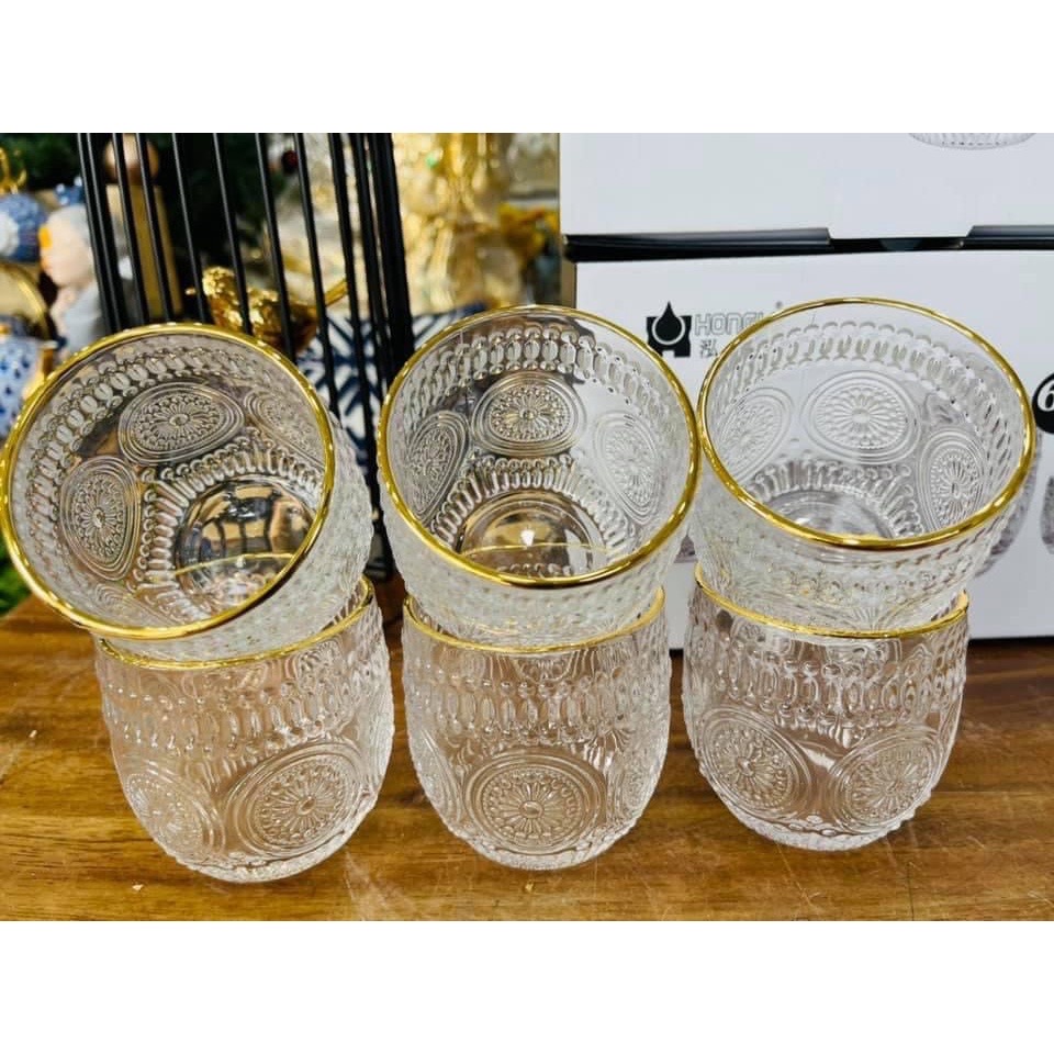 Bộ 6 cốc thủy tinh viền vàng hoa văn trống đồng cao cấp dung tích 265ml