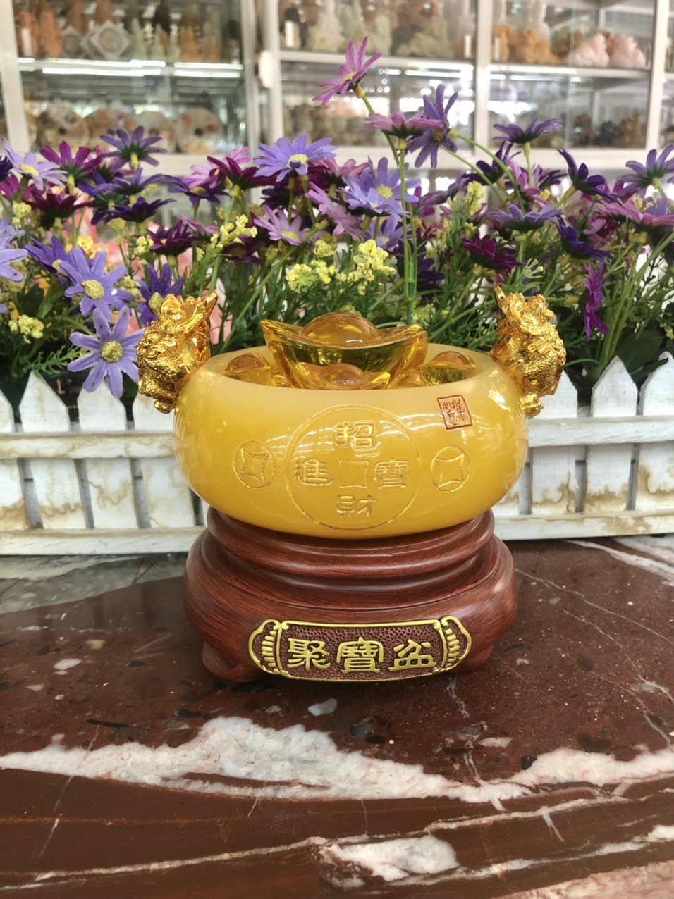 Bát vàng, Bát Tụ Tài, Bát Tụ Bảo đá ngọc cẩm thạch vàng Hút Tài, Hút Lộc, Chiêu tài nạp lộc trang trí bàn thờ ông thần tài thổ địa - Cao 15cm
