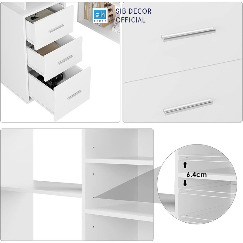 Bàn Làm Việc Góc Chữ L Có 3 Ngăn Kéo Màu Trắng BLV85 Thương Hiệu SIB Decor
