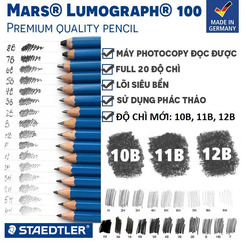 Bút chì xanh cao cấp Staedtler Mars Lumograph 100 (9H,8H,7H,6H,5H,4H,3H,2H,H,F,HB,B,2B,3B,4B,5B,6B,7B,8B,9B,10B,11B,12B)