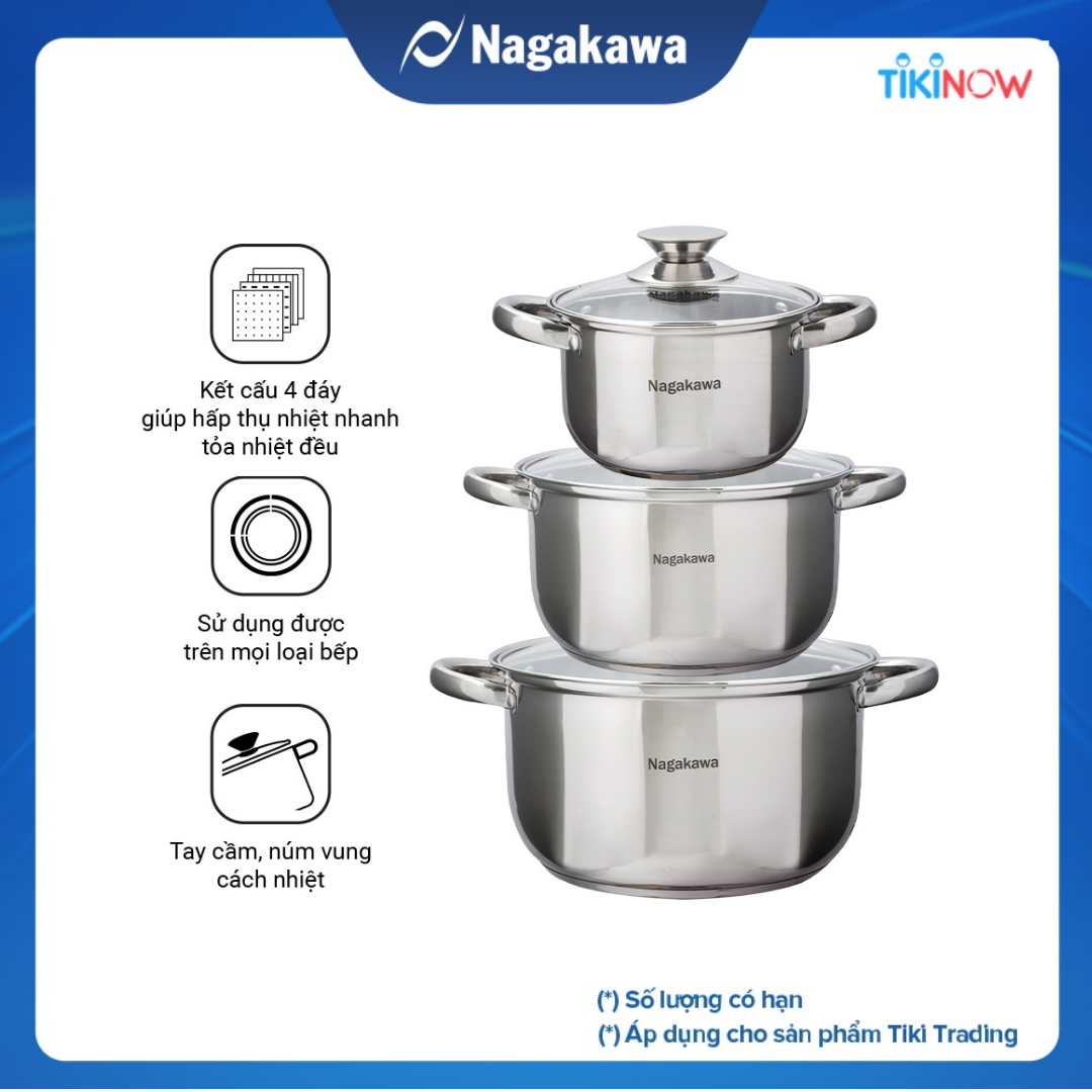 Bộ 3 Nồi Inox Cao Cấp 4 Đáy Nagakawa NAG1304 Dùng Cho Mọi Loại Bếp - Hàng Chính Hãng