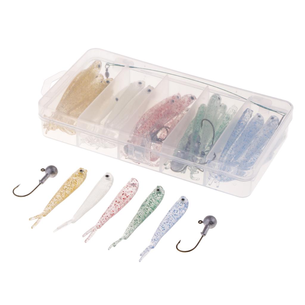 50pcs Soft Plastic Bass Fishing Lure Bait with Jig Head Worm Hooks Lure Box