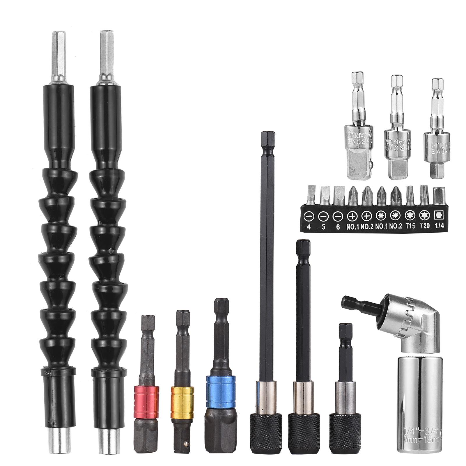 23pcs Wrench Socket Extension Bar Kit Universal Socket Wrench Tool Set Hex Shank 105° Right Angle Adapter Drill Attachment and Die Pipe Wrench Flexible Drill Bits Soft Shaft Drill Bit Holder Extension 1/4 3/8 1/2 Inch Universal Socket Adapter
