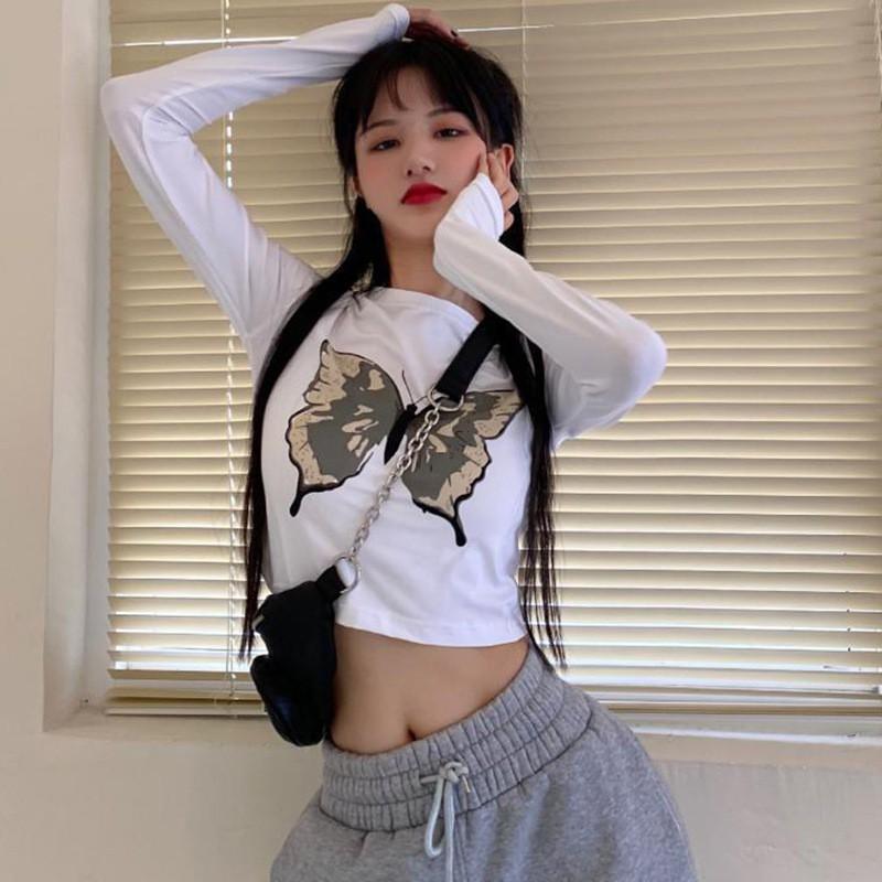 NEW BUTTERFLY Áo Thun Nữ Tay Dài Dáng Ôm In Hình Bướm Thời Trang