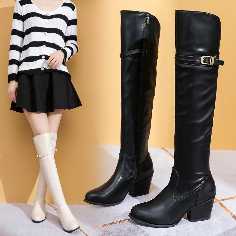 Mùa Đông 2021 Gợi Cảm Đầu Gối Giày Chặt Stovepipe Hiệp Sĩ Giày Da Lộn Mũi Tròn Chiến Đấu Giày Cho Nữ Xu Hướng Nhung Ấm Nữ giày Tăng