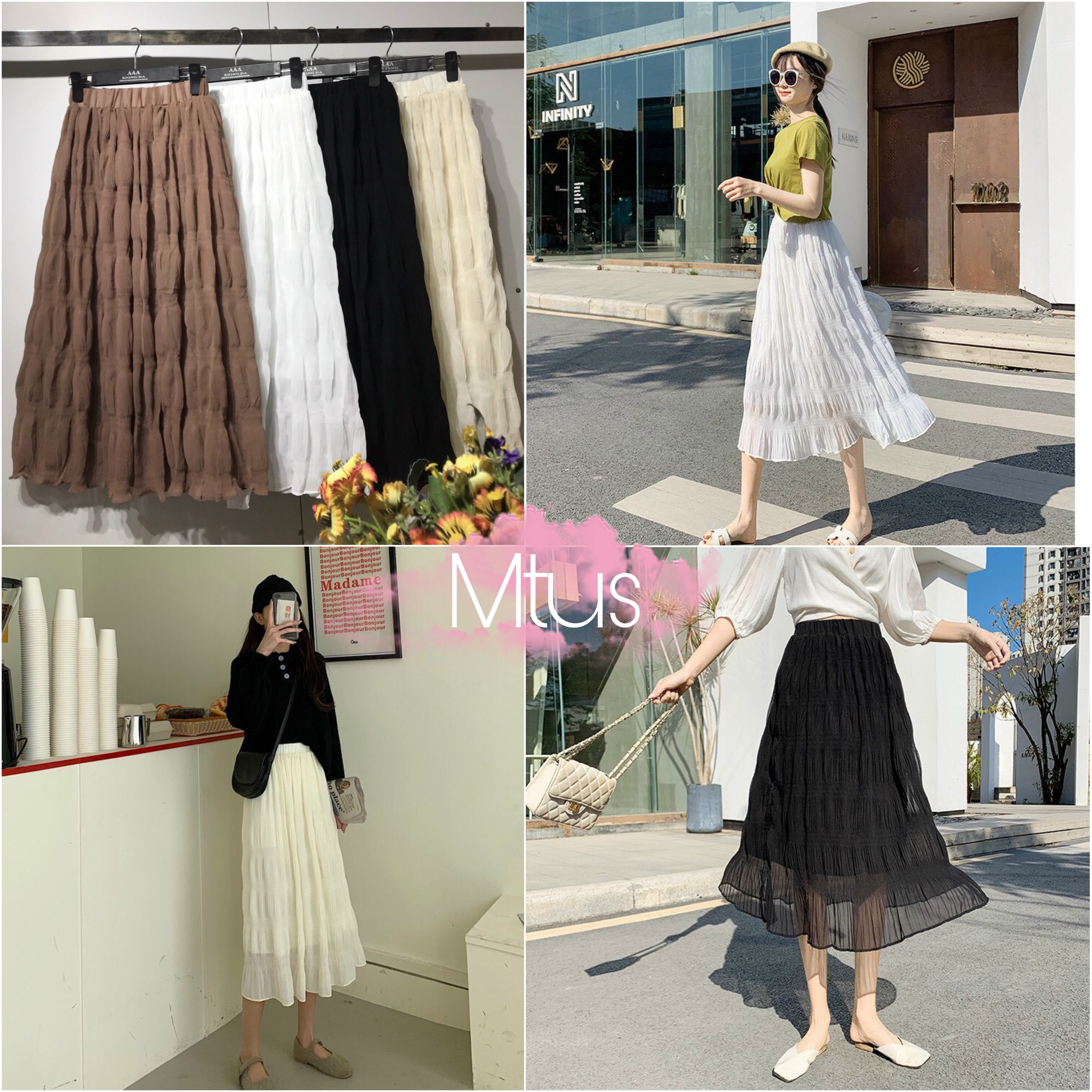 Chân váy nhún dài kiểu hàn quốc - chân váy maxi nhăn ulzzang