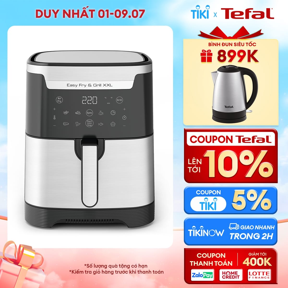 [SẢN PHẨM MỚI] Nồi chiên không dầu Tefal 2in1 Easy Fry &amp; Grill 6.5L XXL EY801D15 - Hàng chính hãng