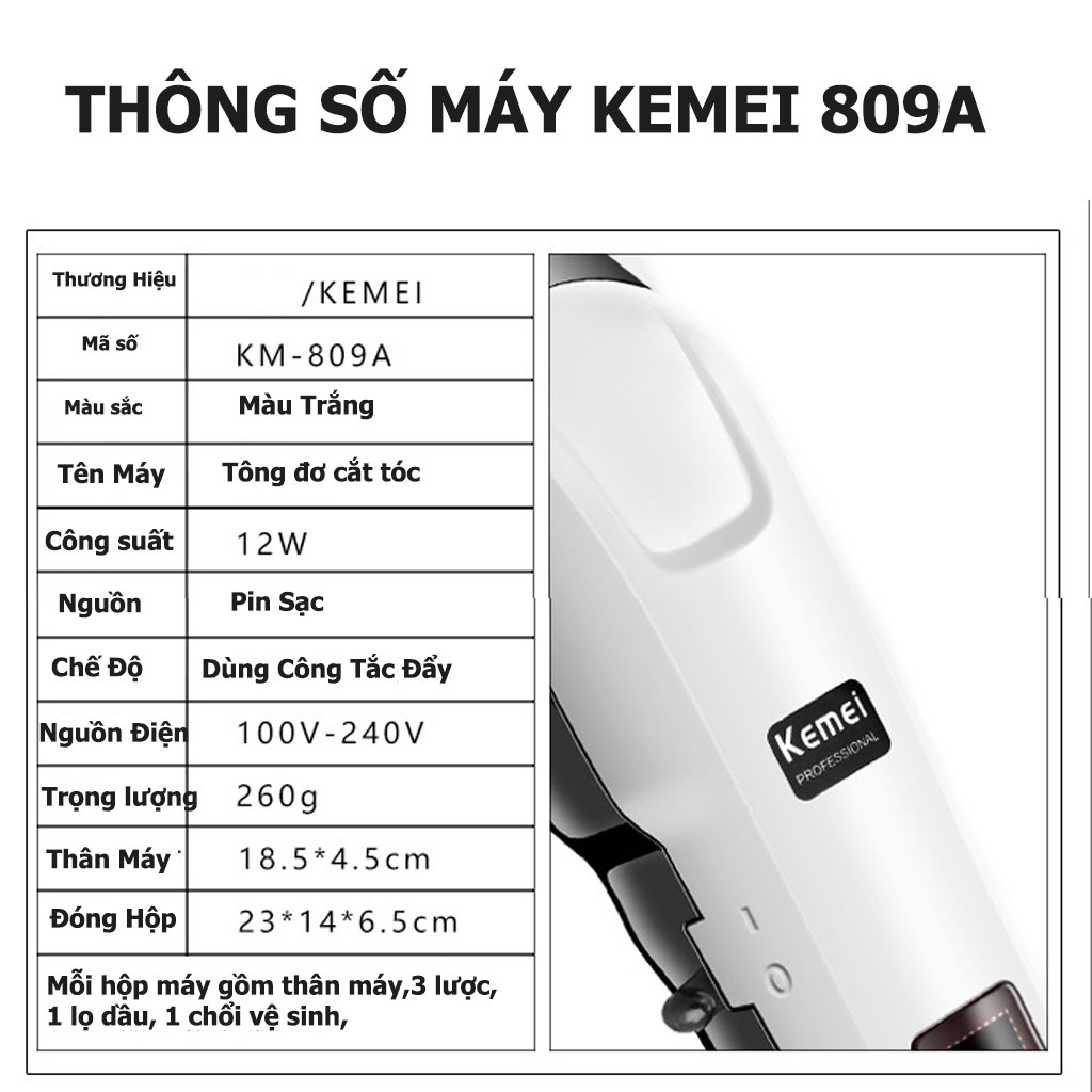 Tông Đơ Cắt Tóc Chuyên Nghiệp Kemei 809A, Tích Hợp Pin 2600 mAh Sử Dụng 240 phút Công Suất 5W, Đèn Led Hiện Dung Lượng Pin, Lưỡi Cắt Titatium, Động Cơ Hạn Chế Tiếng Ồn - HÀNG CHÍNH HÃNG