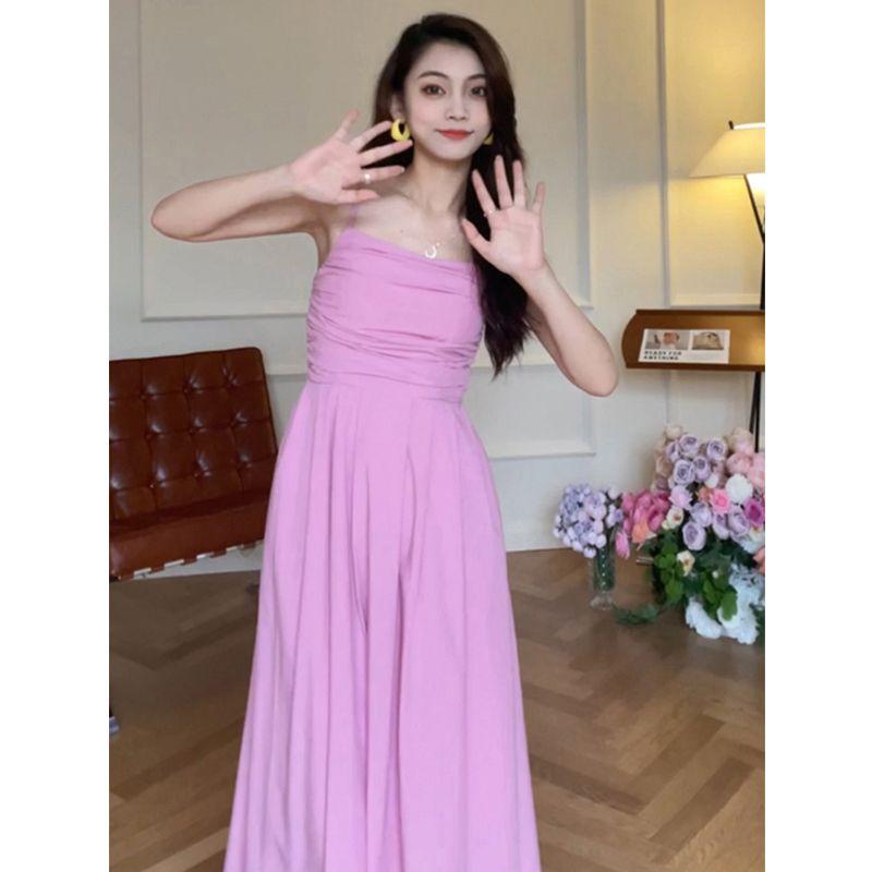 DONGSHOP Tea Break French Sling Dress 2023 Mùa hè bờ biển nghỉ mát thắt lưng có vẻ gầy màu vàng một chữ đầm dài