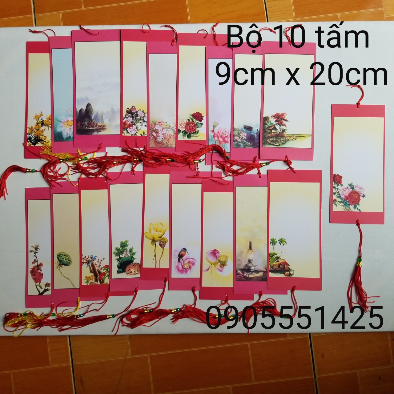 Bộ 10 tấm thiệp mi ni trang trí KÈM theo tua. Giấy viết thư pháp
