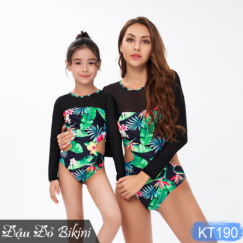 Bikini đồ bơi đôi cho mẹ và bé gái, áo tắm liền thân cặp mẹ con, kiểu Âu Mỹ gợi cảm, hoạ tiết lá hoa Hawaii tươi trẻ, chất thun bơi 2 lớp dày dặn, phom đẹp | KT190