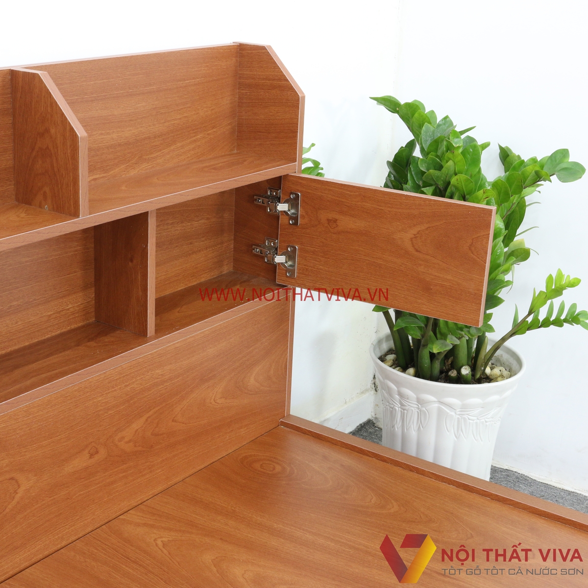 Giường Ngủ Gỗ MDF Melamine Màu Xoan Đào Có Kệ Trang Trí Đẹp Giá Rẻ