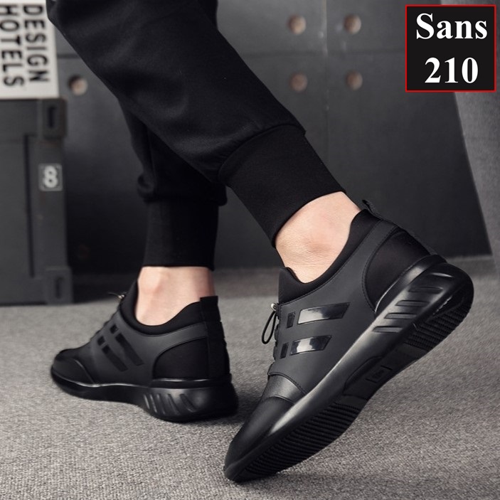 Giày tăng chiều cao nam unisex 8cm Sans210 sneaker da bò thật full đen thể thao có big size to lớn 44 45 46 47 48 độn đế