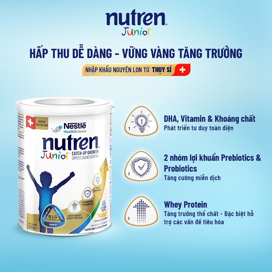 Thực phẩm dinh dưỡng y học Nutren Junior Thụy Sĩ hỗ trợ tăng cân tiêu hóa tốt cho trẻ từ 1 đến 10 tuổi 400g
