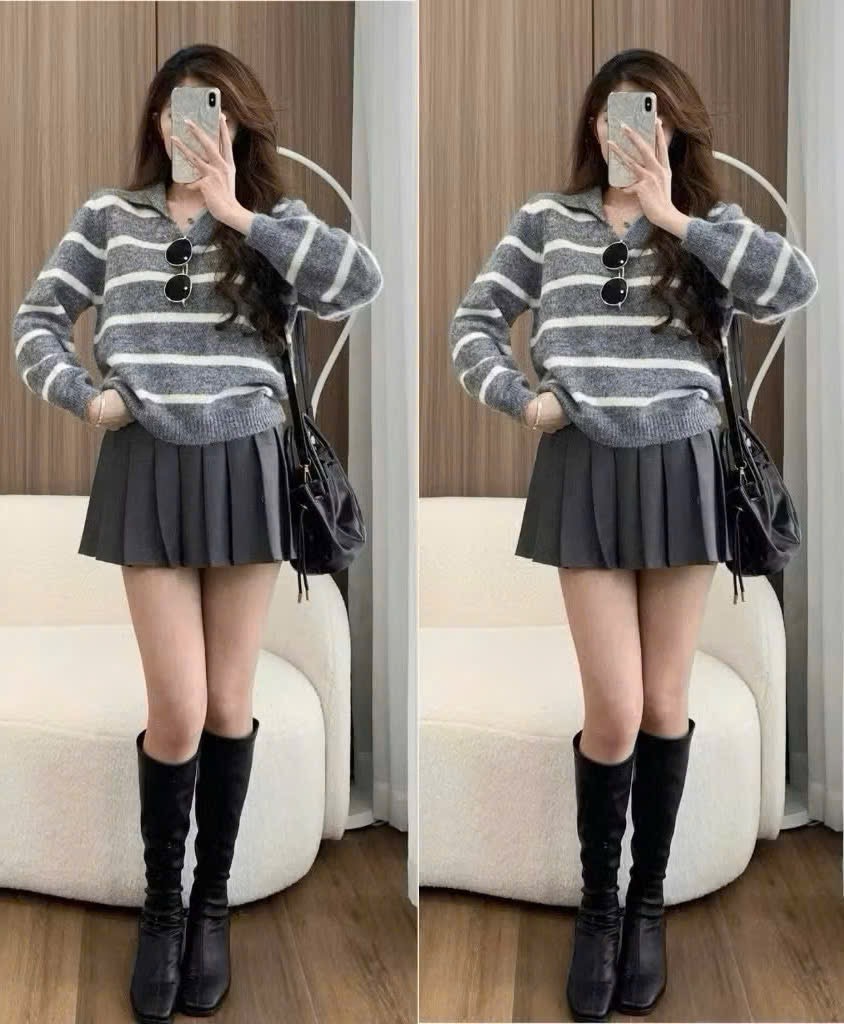 Áo len kẻ cổ viền QC dáng suông nhẹ, chất len tiêu lông mềm mịn