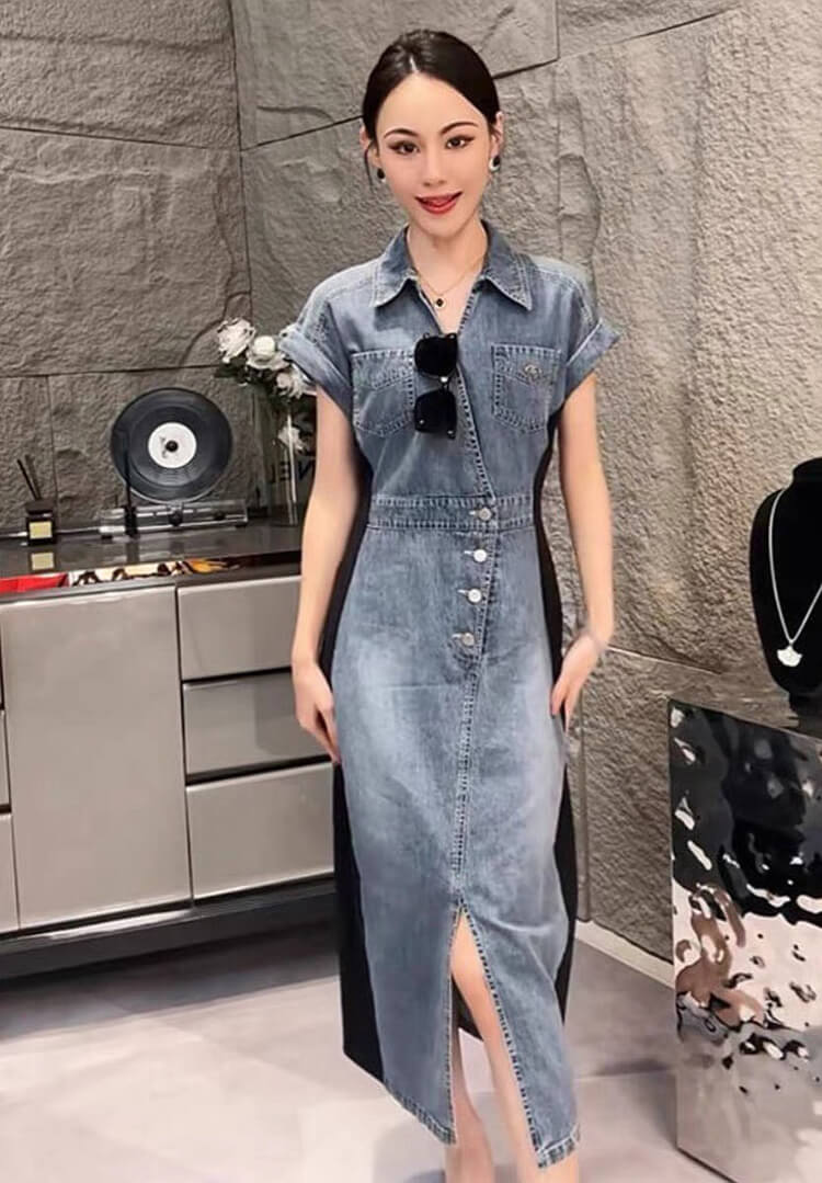 Đầm jean cổ bẻ phối thun