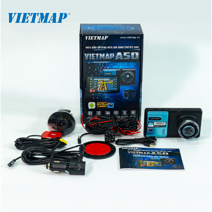 CAMERA HÀNH TRÌNH VIETMAP A50 (TẶNG KÈM THẺ NHỚ 32GB) VỪA DẪN ĐƯỜNG VỪA GHI HÌNH TRƯỚC SAU, CHẤT LƯỢNG ẢNH FULL HD, CẢNH BÁO TỐC ĐỘ GIỚI HẠN BẰNG GIỌNG NÓI