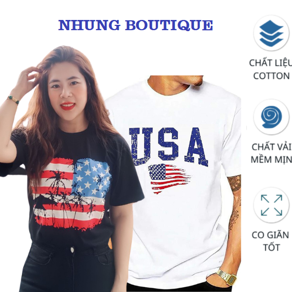 Áo Thun Nam Nữ Form Unisex Mặc Cặp, Áo In Hình Cờ Mỹ, Hình Chữ USA, Chất Thun Cotton Dày Mịn, Mã SP TM001