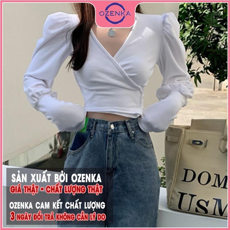 Áo croptop cổ v vai bồng tay dài nữ OZENKA crt ôm body vải thun gân 100% cotton cho người bắp tay to dưới 50 kg