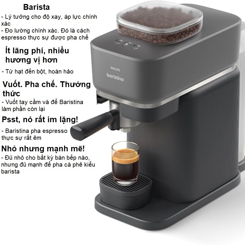 Bộ máy pha và máy tạo bọt cà phê Espresso, Lungo tự động chuyên nghiệp. Thương hiệu Hà Lan cao cấp Philips Baristina BAR300 - BAR311. Hàng chính hãng