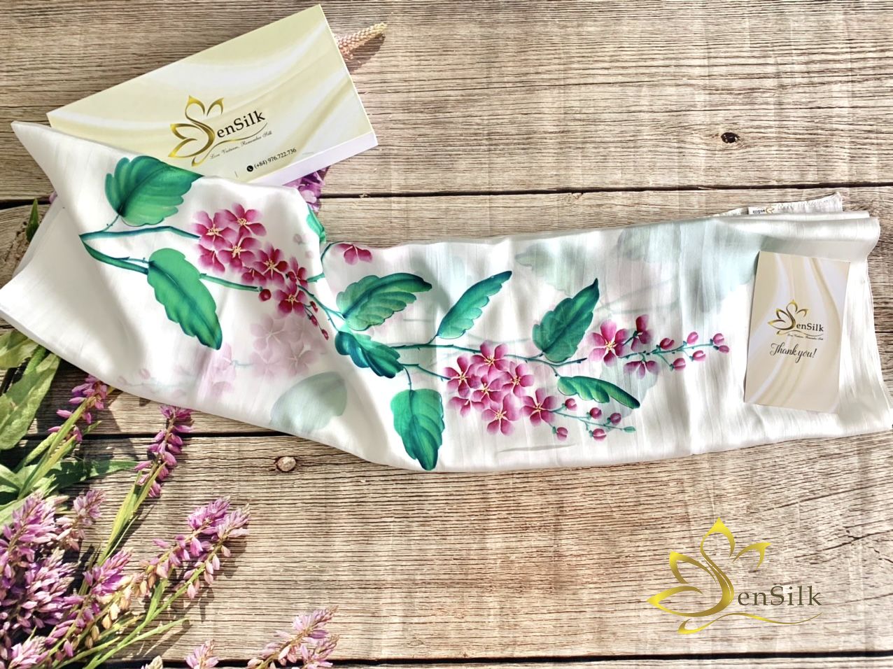 Khăn Lụa Vẽ Tay Hoa Bằng Lăng Tím SenSilk - Quà Kỷ Yếu 4.0 - Silk Scarf Hand Painted 160x55cm - Gift for Her Mother Event Business