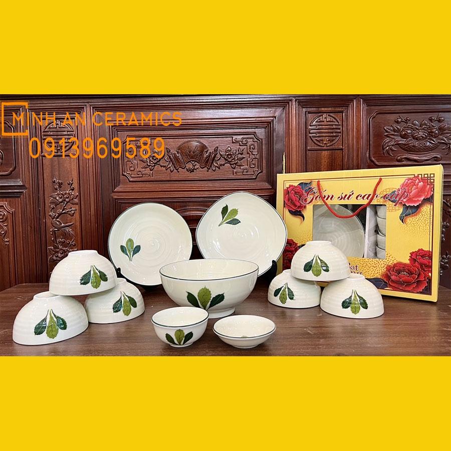 Bộ đồ ăn men kem vẽ hoa văn 11 món gốm Minh An Bát Tràng