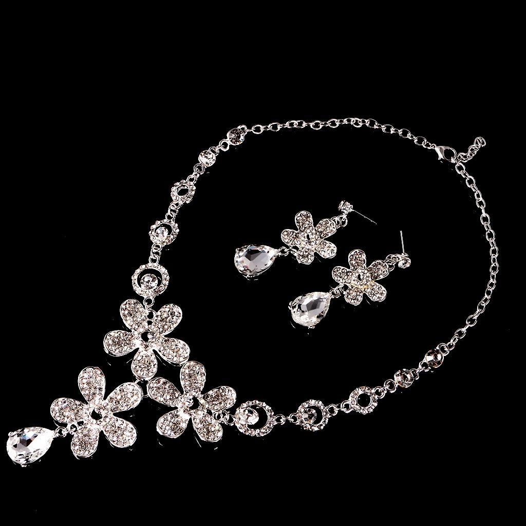 Silver Plated Flower Rhinestone Necklace Earrings Bridal Tiara Jewelry Set