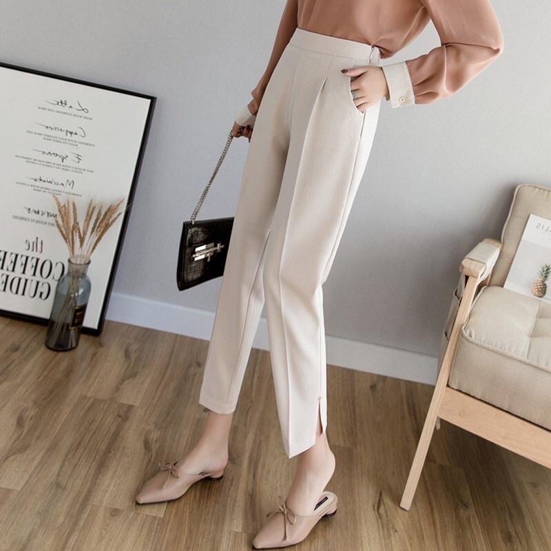 Quần baggy nữ xẻ gấu chất liệu tuyết mưa lưng thun kiểu: quần baggy công sở MOMOTO