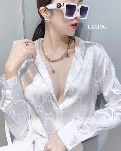 Áo sơ mi gấm, áo sơ mi nữ trắng vân chìm thời trang, thanh lịch