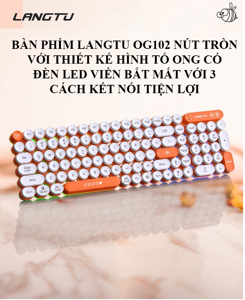 Bàn phím Bluetooth không dây LANGTU OG102 nút tròn hình tổ ong có đèn led viền bắt mắt với 3 cách kết nối tiện lợi - HN- HÀNG CHÍNH HÃNG