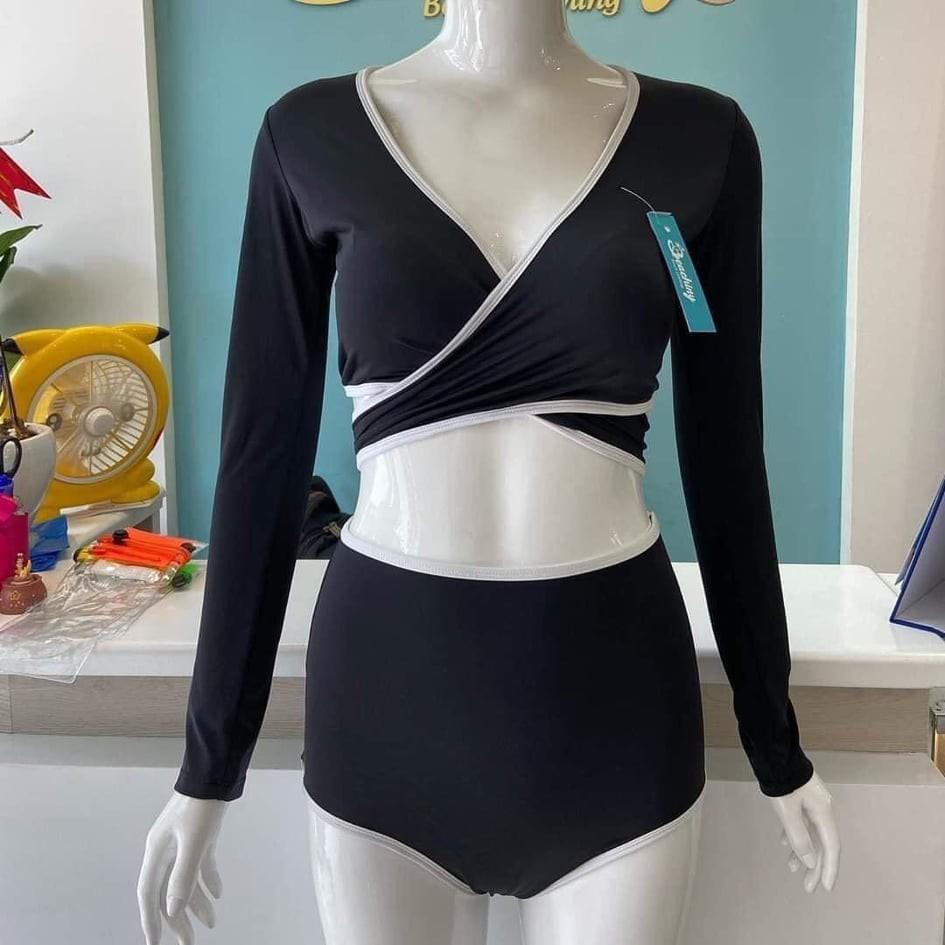 Bikini Đồ Bơi Dài Tay Viền Trắng- Savvy- Phối Quần Tam Giác Cạp Cao