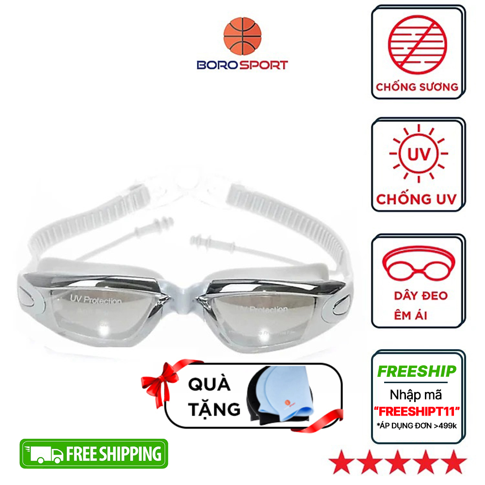Kính Bơi Tráng Gương  kèm bịt tại cao cấp Cleaco chống sương mù , chống tia UV Hàng chính hãng – Tặng kèm nón bơi Silicon  Màu ngẫu nhiên   – Xám