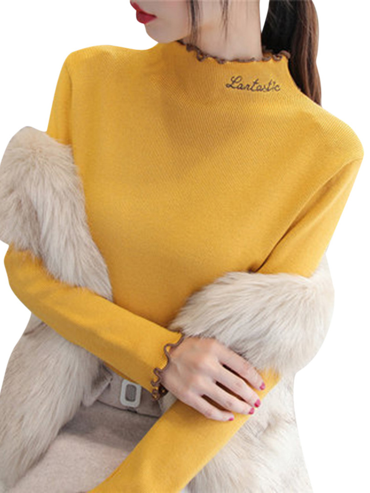 Fashion Women Winter Knitted Ruched Sweater Solid Color Turtleneck Long Sleeve Letters Slim Casual Pullover Knitwear