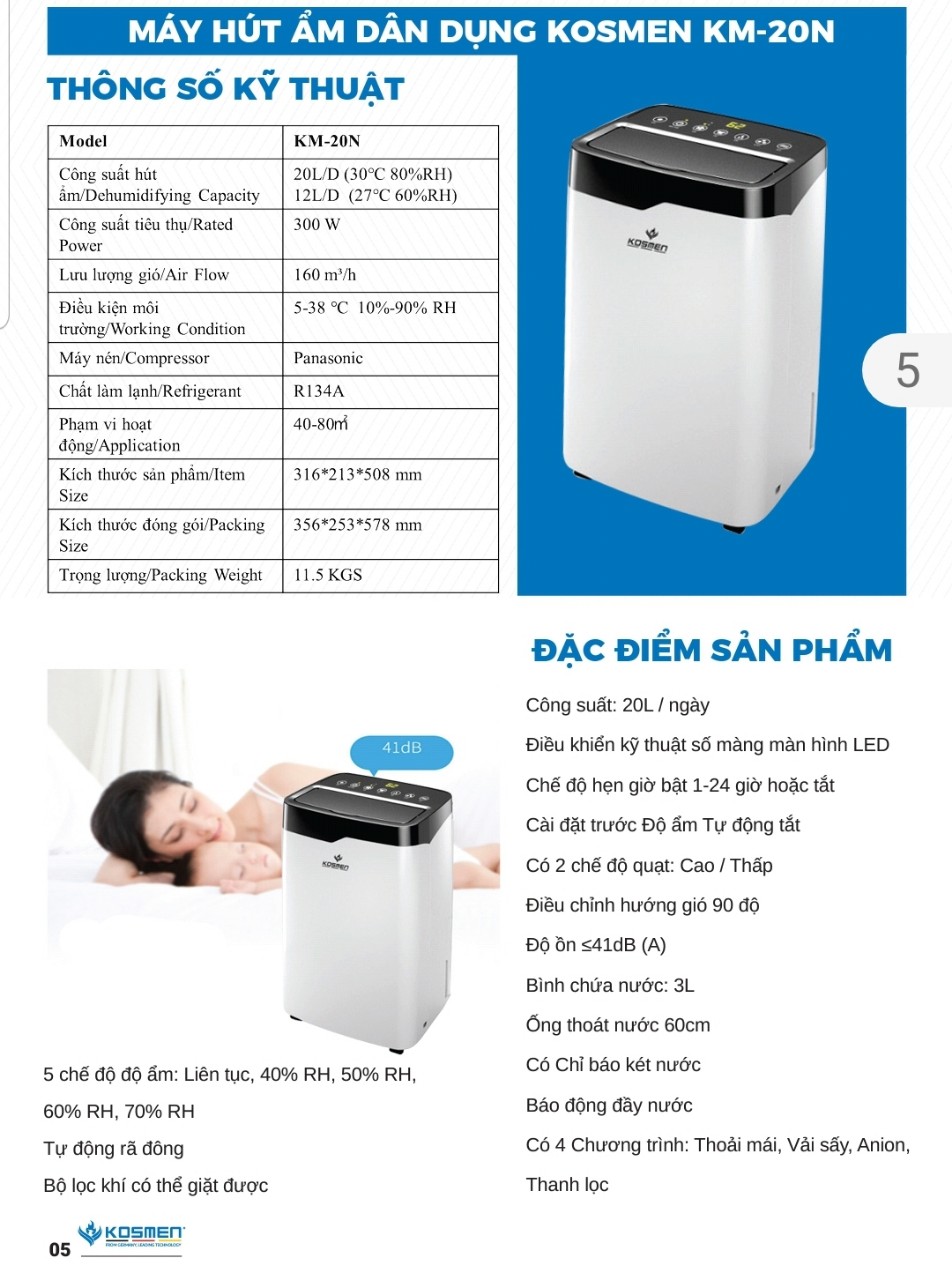 Máy Hút Ẩm, Lọc Không Khí Kosmen KM-20N, Lưu lượng 20L/ Ngày, Công suất 300W, Diện tích phòng 40-80 m2 - Hàng Chính Hãng