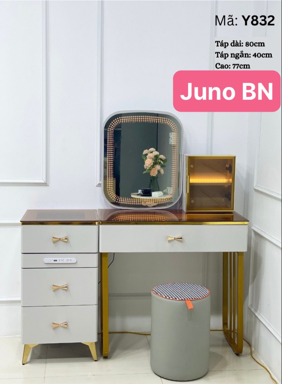 Bàn trang điểm BN Juno Sofa bọc da mặt kính gương led cảm ứng