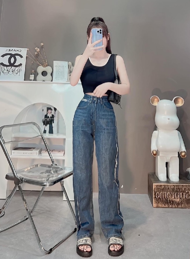 Quần Jean Nữ Ống Rộng Lưng Cao Phong Cách Ulzzang Năng Động, Chất Bò Dày Dặn Phối Sọc Cá Tính NB Stores